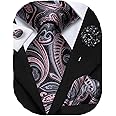 Hi-Tie Mens Tie Set Silk Striped Woven Necktie with Lapel Pin Pocket Square Cufflinks Set for Wedding Party