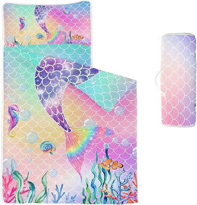 HOSIMA Pink Mermaid Tail Nap Mat with Pillow for Kids - Daycare Bedding Set