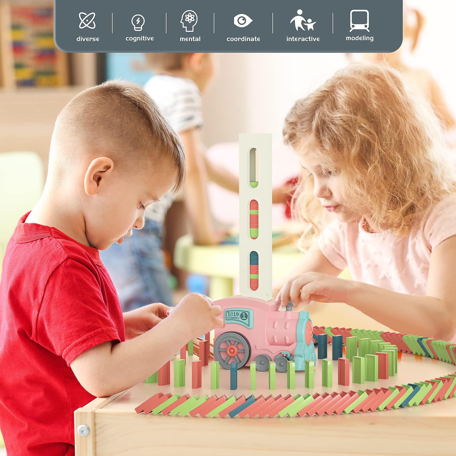 Domino Train Toys for Girls 3+ Year Old: Kids Stacking Dominoes Games - Montessori Toy Toddler 3-5 Boys ages 4-8 - Interactive Autism Fine Motor Activities Birthday Gift Stocking Stuffer 4 5 6 Yr Olds