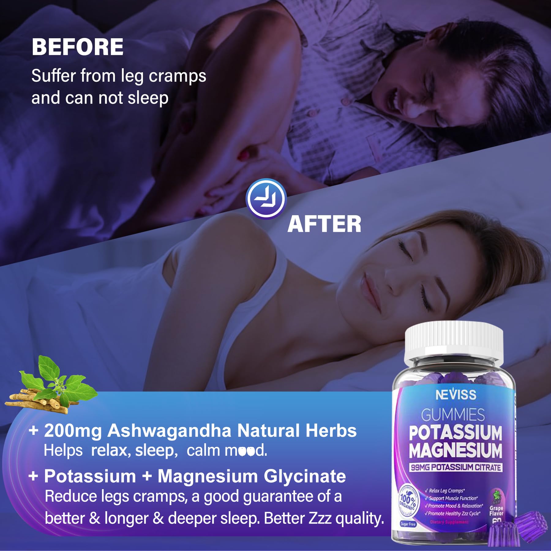 Potassium Magnesium Gummies - Potassium Supplement w/Ashwagandha 200mg, Magnesium Glycinate,B6,B12,P-otassium Citrate for Leg Cramps,Muscle,Electroyte for Adults Kids,Sugar-Free, 2 Pack