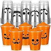 CHENGU 25 Pcs Halloween Disposable Plastic Cups 12 oz Clear Plastic Cups Pumpkin Disposable Tumbler with 5 Styles Patterns for Coffee Tea Cold Drinks Halloween Party Favors Supplies