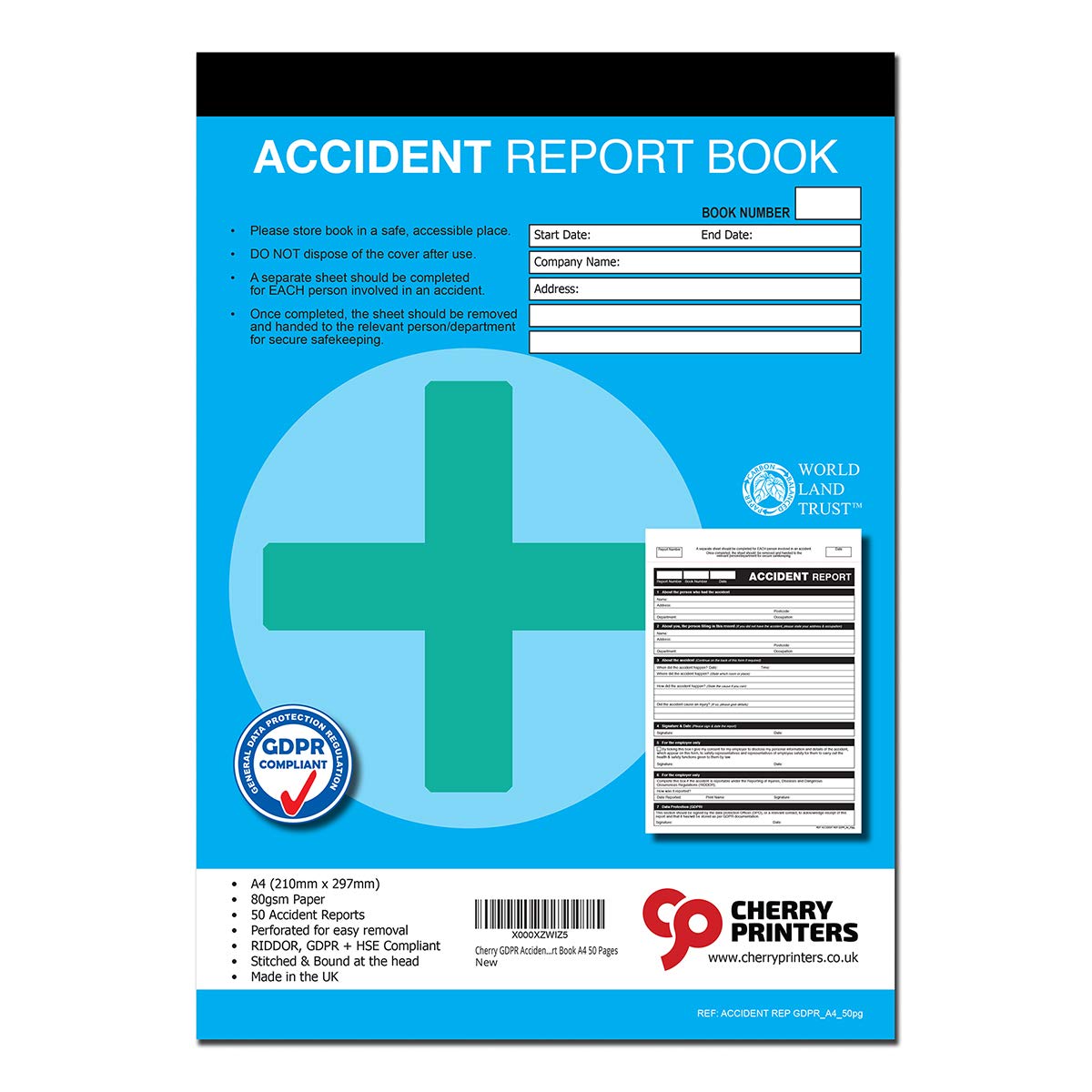 Cherry Printers GDPR Accident Report Book A4 50 Pages