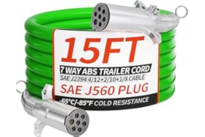 PlugSaf 7 Way Trailer Cord 15 FT ABS Heavey Duty, Flexible -85°F Cold Resistance Straight Electrical Power Cable Green for Semi Trailers Trucks Tractors, 4/12+2/10+1/8 Gauge Wire Cable