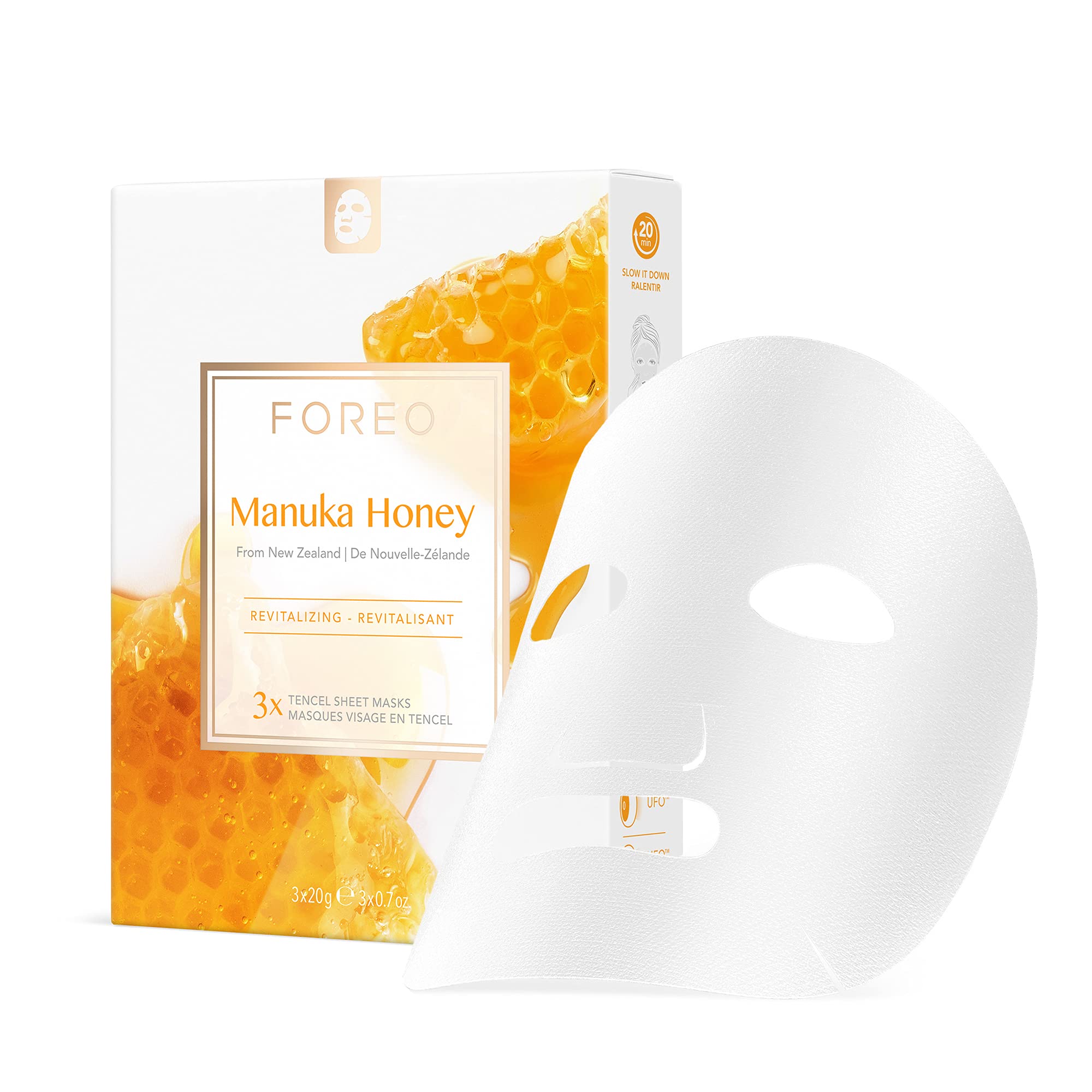 FOREO Manuka Honey Revitalizing Sheet Mask for Dry and Fatigued Skin, 3 pack, Anti-Aging, Deeply Nourishing Clean Forumla, Cruelty-free, Compatible with UFO devices