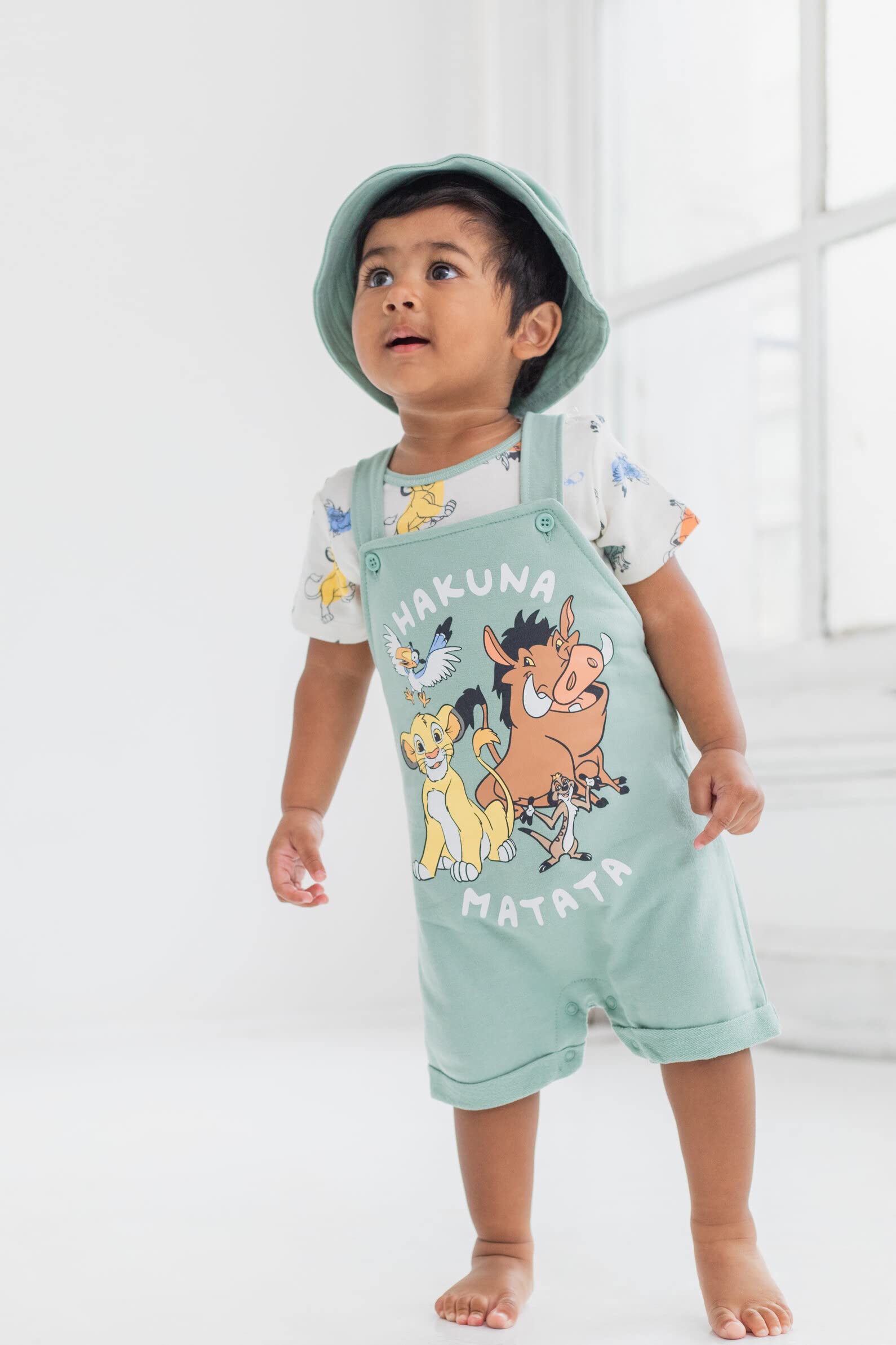 Disney Junior Baby French Terry Short Overalls, T-Shirt and Hat 3 Piece Outfit Set Newborn to Infant Sizes (OS - 24 Months)