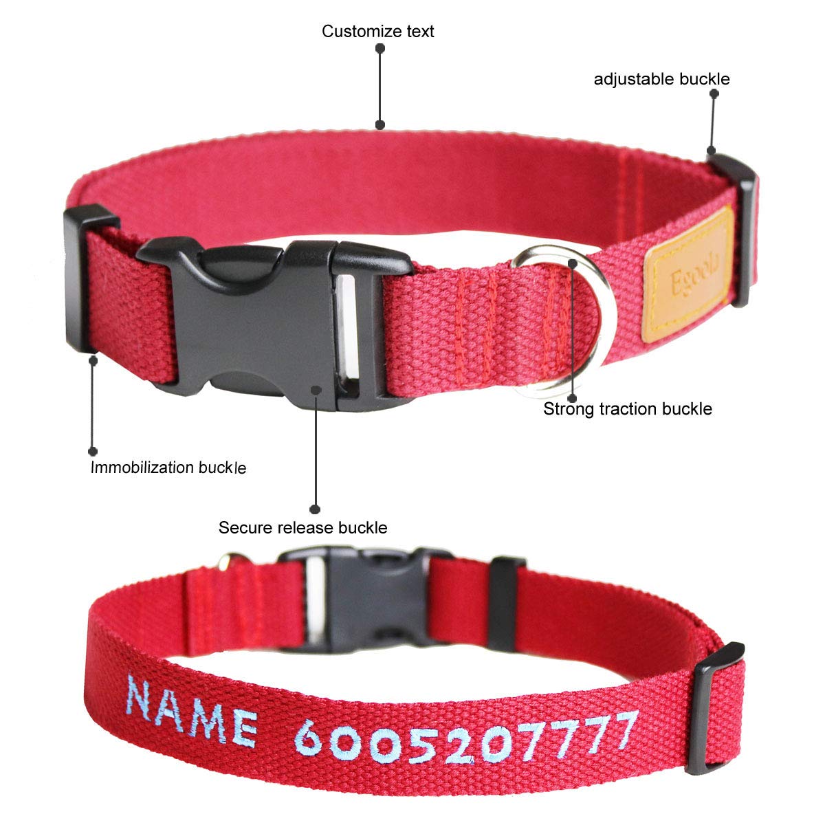Egoola Personalized Dog Collar Custom Embroidered Pet Name and Phone Number for Small Medium Large Adjustable Dog Collars