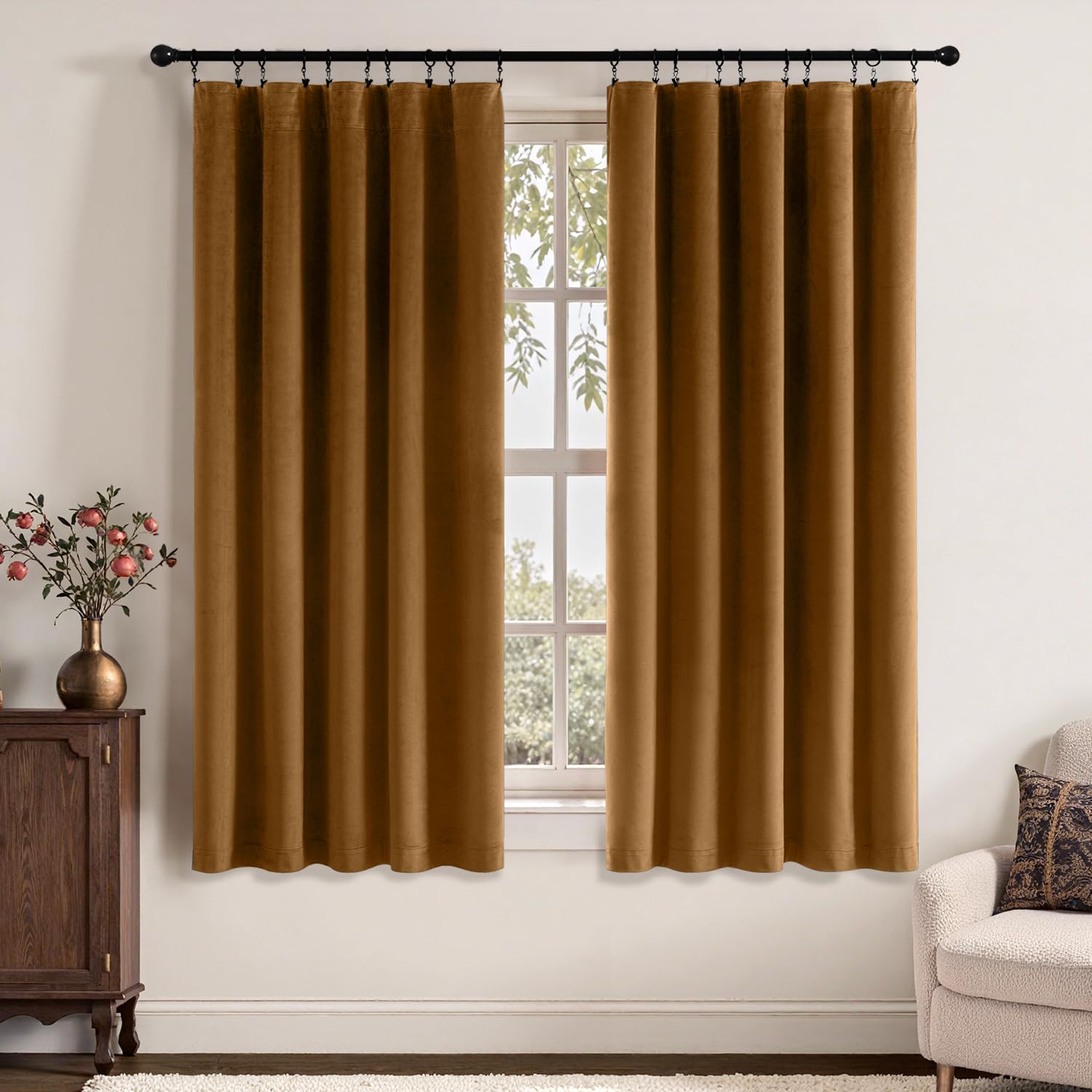 Photo 1 of MIULEE Golden Brown Velvet Curtains 63 Inch Long Luxury Super Soft Thermal Insulated Blackout Curtains Room Darkening Drapes Rod Pocket Design for Bedroom Living Room Set of 2 Panels, W40 x L63 Inch