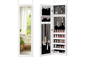 Giantex Wall or Door Mounted Jewelry Cabinet with Full Length Mirror, Over The Door Jewelry Armoire Organizer, Hanging Storage Cabinet with Necklace Hooks, Earring Slots, Ring Slots & Shelves (White)