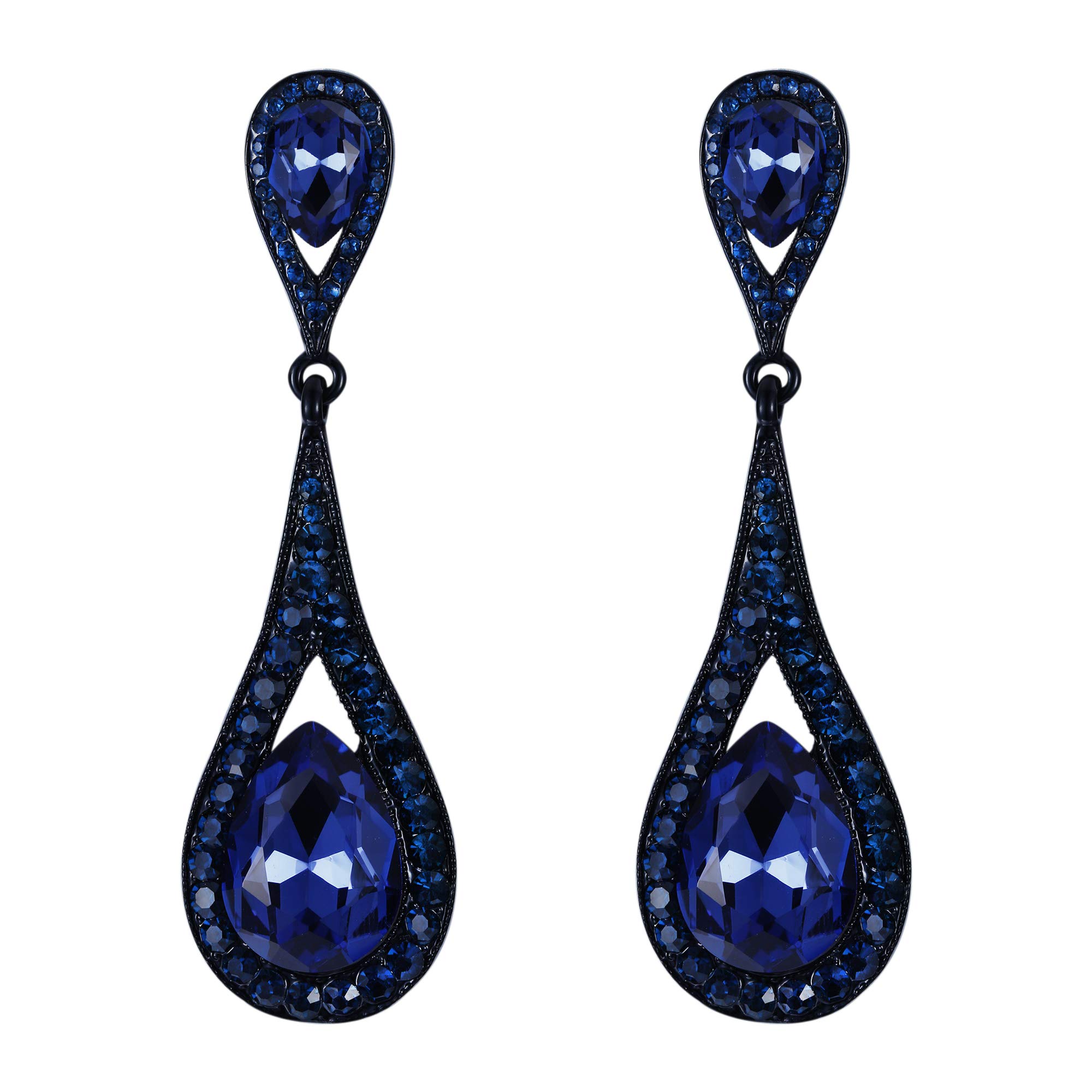 EVER FAITH Navy Blue Crystal Teardrop Dangle Earrings for Women Girls, Sparkly Rhinestone Vintgae Statement Drop Pierced Earring Wedding Prom Birthday Party Jewellery for Brides Bridal Black-Tone
