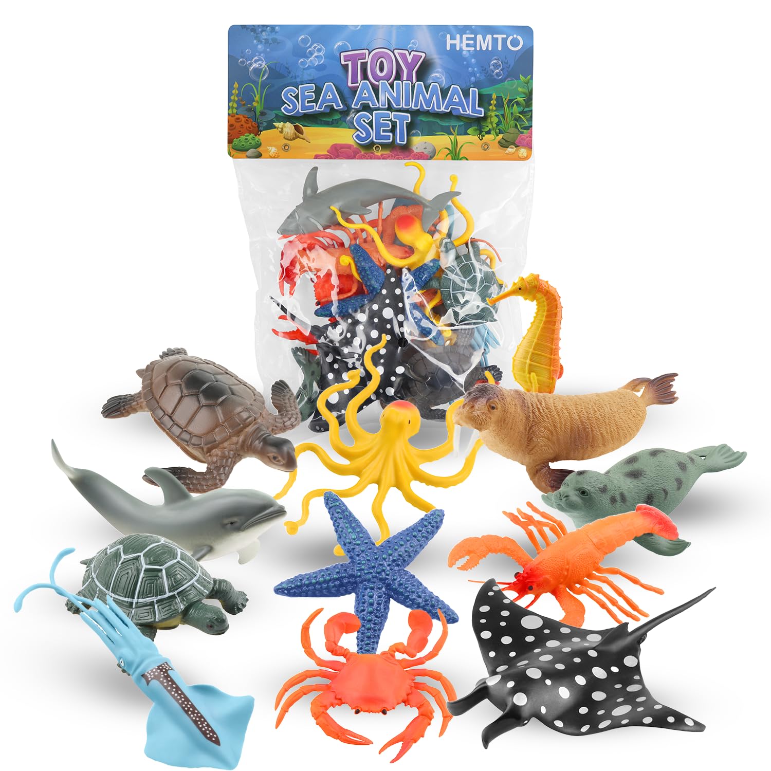 Toy Sea Animal Set (12 Pack) - Educational Toy Sea Creatures for Bath Time - Realistic Ocean Creature Playset with Dolphin, Stingray - Figure Gift Set for Children, Toddlers - Perfect for Cake Toppers