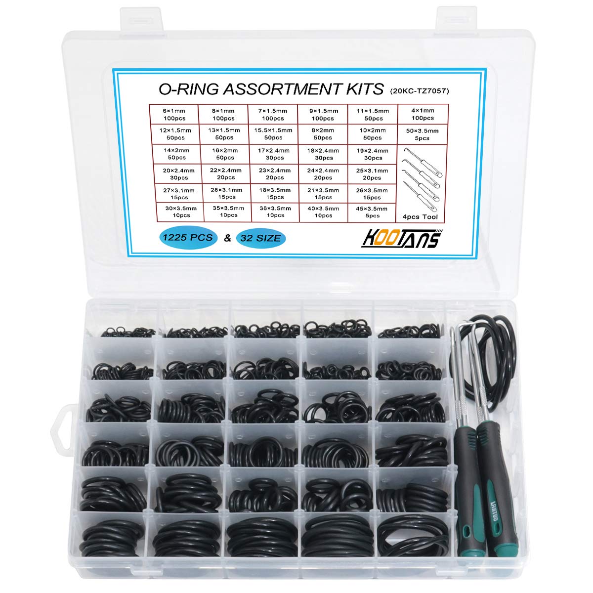 Photo 1 of KOOTANS 32Size 1225Pcs Metric Nitrile Rubber O Rings Assortment Kit + 4pcs O-Ring Remover, Oil Resistant NBR O-Ring Sealing Assortment Kit Set for Air Plumbing, Fuel Injector and Faucet Seal O Rings