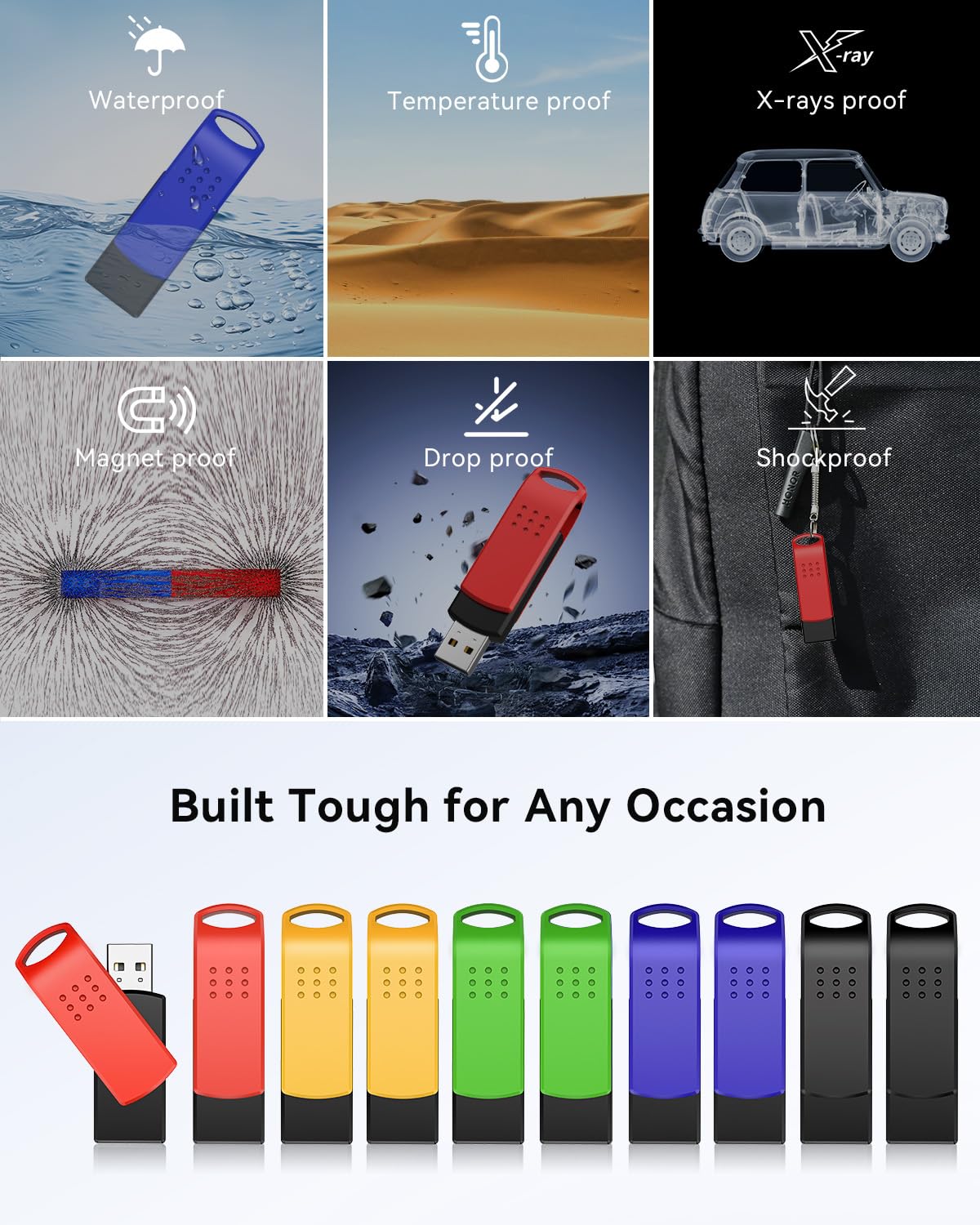 KEXIN 16GB Flash Drive 10 Pack USB 2.0 Thumb Drives Swivel Memory Stick Bulk USB Drive with LED Light - Green, Red, Black, Blue, Yellow
