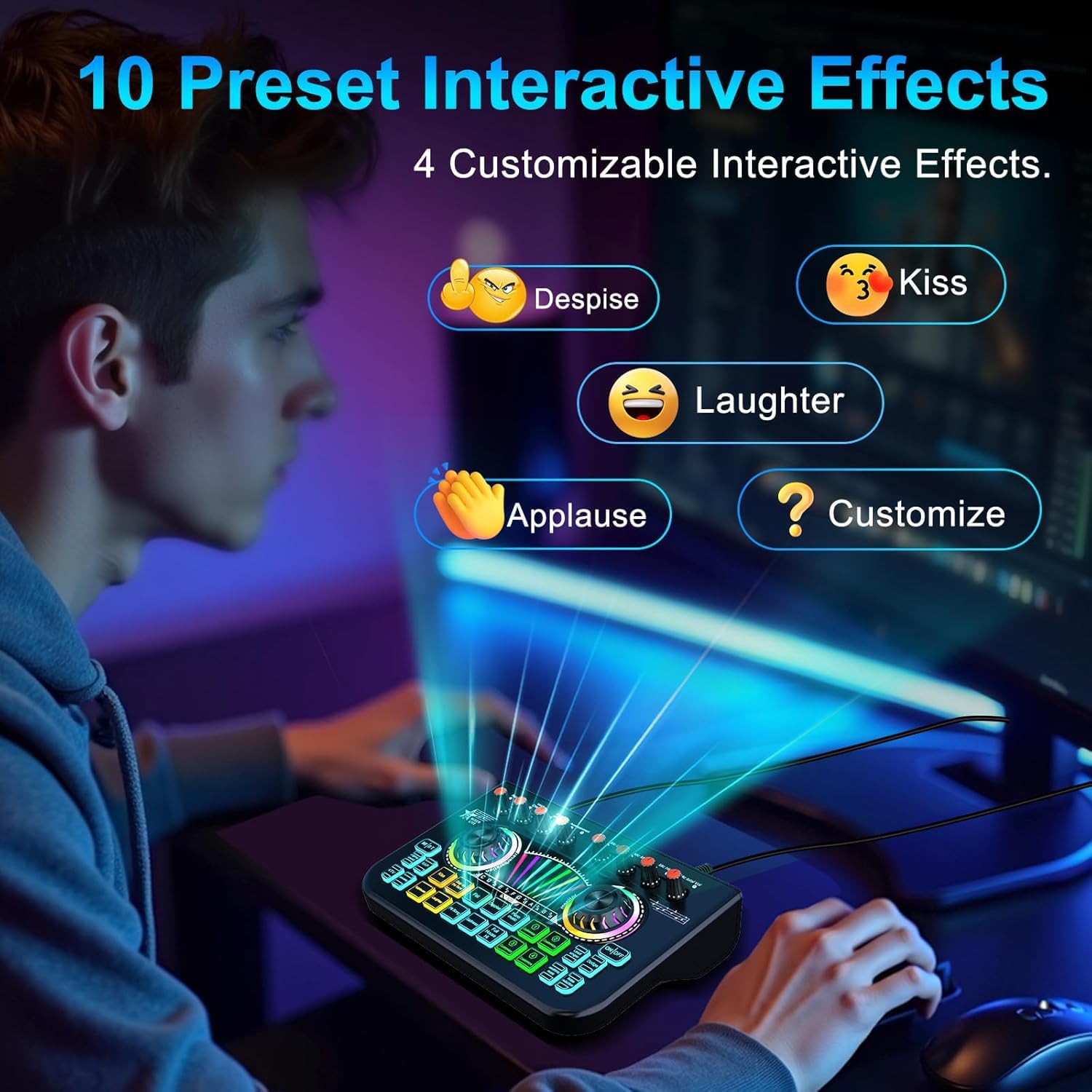 Gaming Audio Mixer Sound Board Mixer w USB Audio Interface Voice Changer, All-in-One Podcast Live Sound Card for Streaming w Soundboard Customizable Soundpads for PC Smartphone Recording Broadcasting