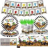 Dydamud Monster Truck Party Supplies,Monster Machine Happy Birthday Checkered Tableware Sets Include Monster Trucks Theme Party Paper Plate Napkins for Monster Truck Birthday Party Decorations