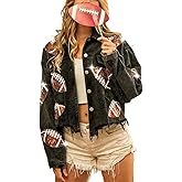 happlan Football Sequin Embroidery Rugby Cropped Frayed Hem Vintage Washed Corduroy Jacket Coat Shacket for Women
