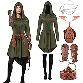 nezababycos 7PCS Women Renaissance Fairy Costume Medieval Elf Hooded Dress Leather Arm Pouch Belt Halloween Cosplay Outfit