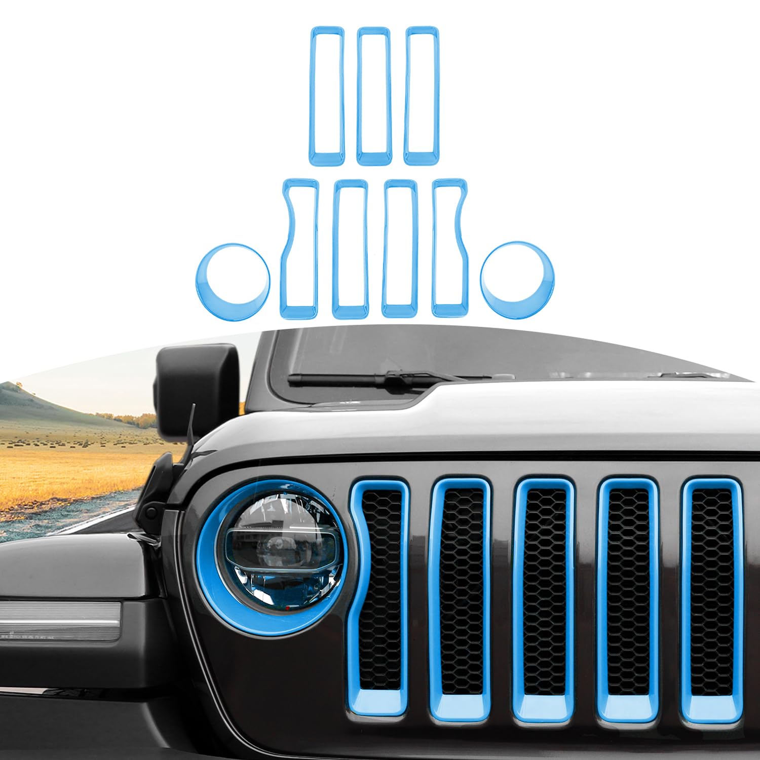 Photo 1 of RT-TCZ for Wrangler JL Mesh Front Grille Grill Insert Headlight Light Cover Trim for Jeep Wrangler JL JLU 2018-2022 Baby Blue Exterior Accessories 9pcs