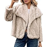 WOWULOVELY Women's Faux Fur Coat Lapel Fluffy Faux Fur Jacket Long Sleeve Furry Overcoat Winter Warm Shaggy Parka