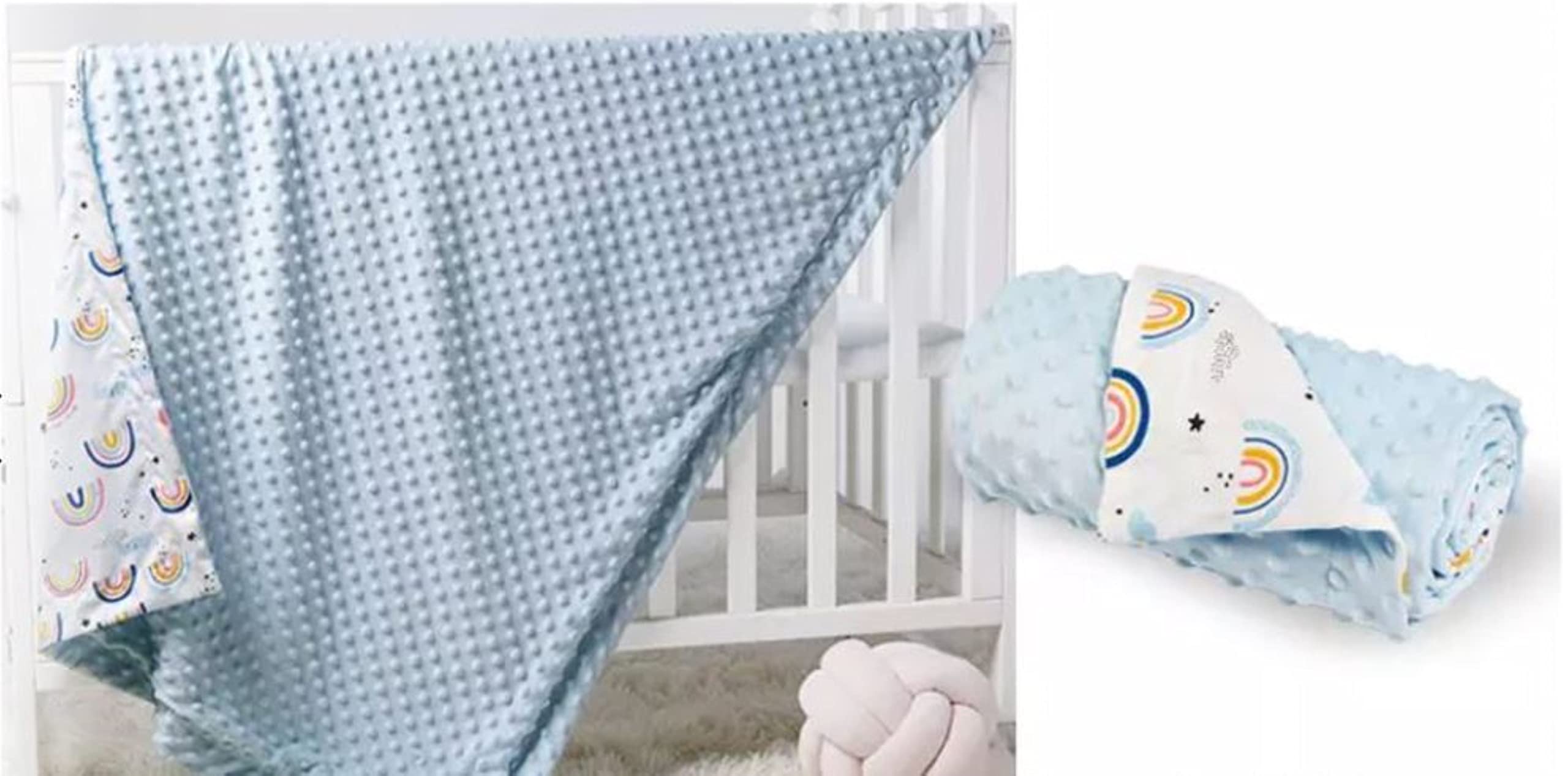 Baby Blanket for Newborn Cots/Car Seats/Prams/Baskets and Kids Beds -Double Leyered Material :100% Cotton Side+ Soft Pea Bubble velvet Side -Reversible -All Seasons (140*110cm, Light Blue Rainbow)