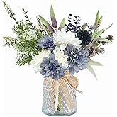 Wracra Artificial Flowers in Vase, Silk Fake Flowers in Vase, Faux Flowers Table Centerpieces for Dining Room, Bathroom Farmhouse Kitchen Coffee Table Decor (White Blue Dahlia)