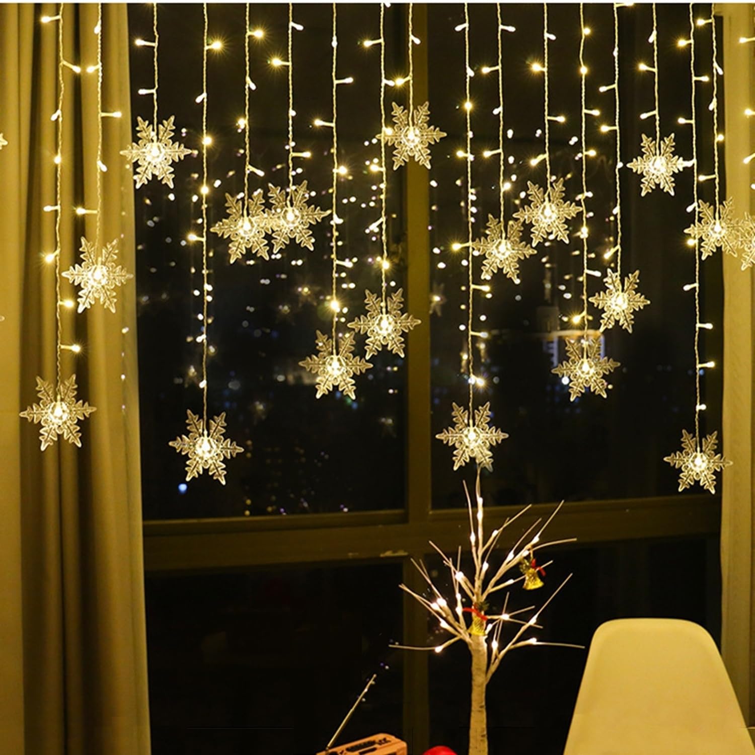 OAICIA String Lights LED Fairy Light, 96 LED Curtain 3.5M Snowflake Waterproof IP44 Christmas Lights Plug in Lights for Outside Indoor Bedroom Party Fence Patio Wedding - Warm White