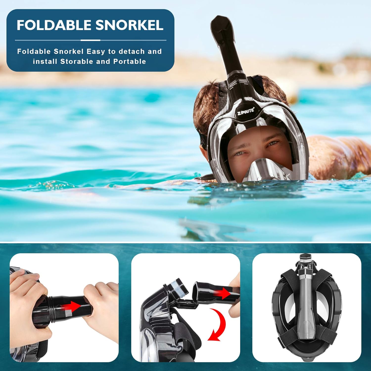 ZIPOUTE Snorkel Mask Full Face, Full Face Snorkel Mask Adult and Kids with Detachable Camera Mount, Snorkeling Mask 180 Panoramic View Anti-Fog Anti-Leak Dry Top Set with Adjustable Straps : Sports & Outdoors