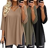 Velvelhall 3 Pack Women's 3/4 Sleeve Oversized T-Shirts V Neck Comfy Casual Tunic Tops Knit Side Basic Split Loose Fit Tees