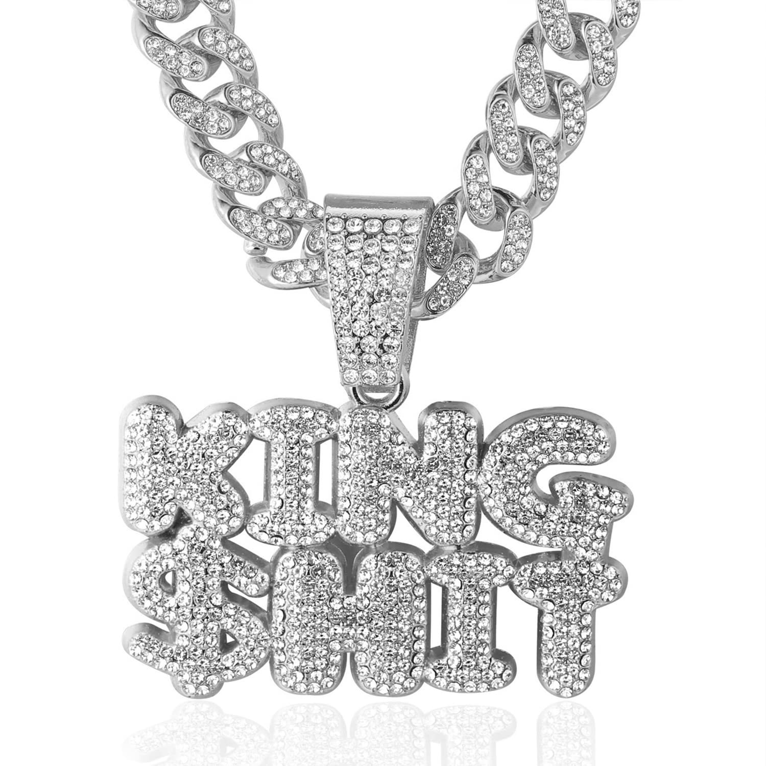 HALUKAKAH ● KING $HIT ● Gold Chain for Men Platinum White Gold Finish Iced Out Pendant Necklace,Full Cz Lab Diamonds Prong Set,with 14mm Cuban Link Chain 45cm,Free Giftbox