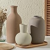 Textured Ceramic Vase Set of 3, Neutral Modern Farmhouse Decor for Pampas Grass Dried Flowers, Neutral Brown & Gray Pottery Vases for Living Room, Mantel, Shelf, Bedroom, Bathroom