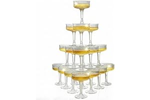 SOBECHOI 4-Tier Champagne Premium Champagne Tower Set - 20 Pcs Clear Plastic Coupe Glasses, Stackable Fluted Toasting Flutes 