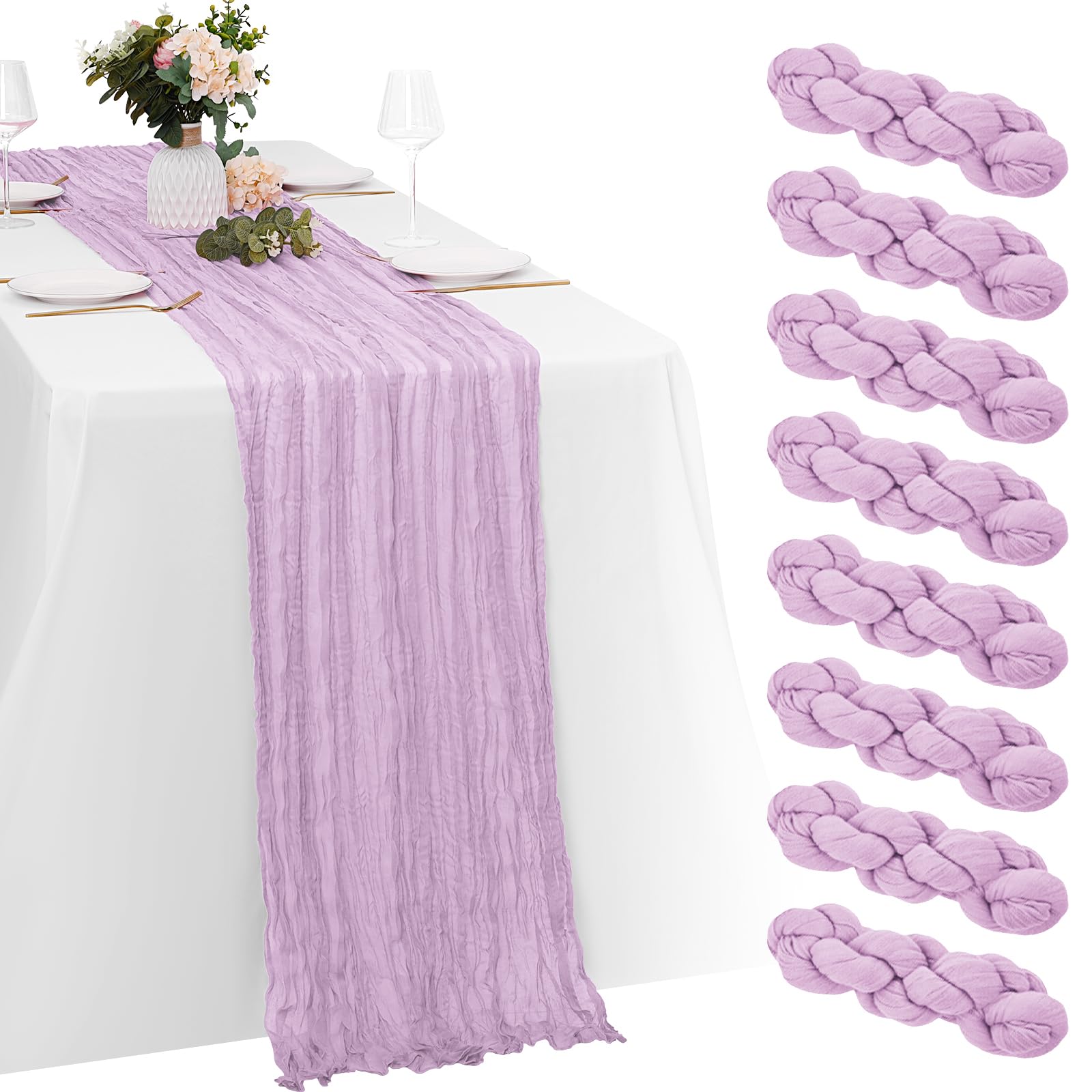 Photo 1 of 8 Pack Lavender Cheesecloth Table Runners 20x120 Inch Gauze Table Runner Cheese Cloth 10FT Lavender Table Runner Rustic Sheer Runner for Wedding Baby Shower Birthday Party Table Decor
