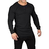 Muscle Cmdr Men's Lightweigt Waffle Henley Shirt Regular Fit Long&Short Sleeve Casual 3 Button Placket Underwear