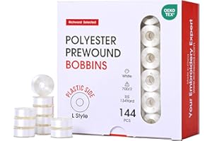 POOLIN Richword Selected Prewound Bobbins, Plastic Sided, 144pcs Size L(SA155), 70D/2(60WT) Polyester Bobbin Thread for Commercial Multi Needles Embroidery Machine, White 110 Yards