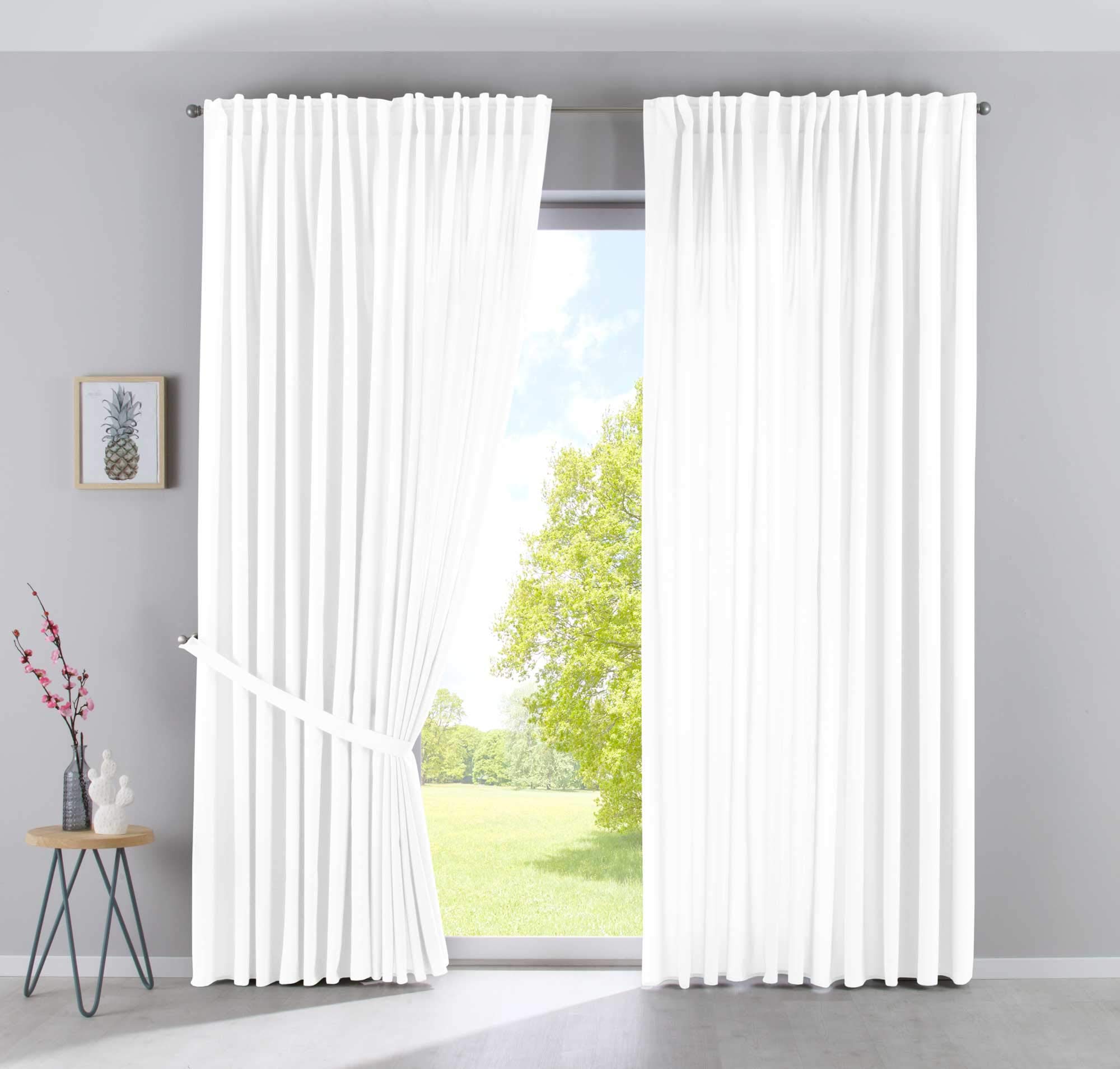 Gardinenbox Set of 2 Cationic Jena Opaque Linen Look Curtains Mottled Curtain Tape with Tie Backs, 100% Polyester, White, H x W 250 x 300 cm