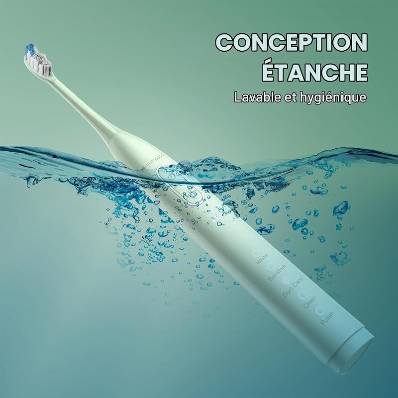 Brosse à dents sonique pour adultes, brosse à dents électrique rechargeable avec 5 modes de nettoyage, 3 niveaux d'intensité, capteur de pression intelligent (Vert)