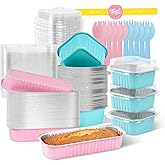 Mini Foil Baking Cups with Lids for Baking Bread Disposable(100Pack), 50Pcs 6.8oz Mini loaf Pans & 50Pcs 5oz Square Aluminum Loaf Pans with Spoons, Cupcake Tins with Lids