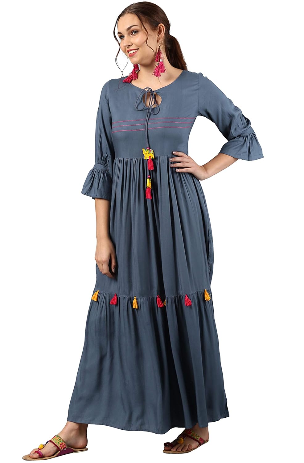 janasya women's rayon flared plain tassel gown