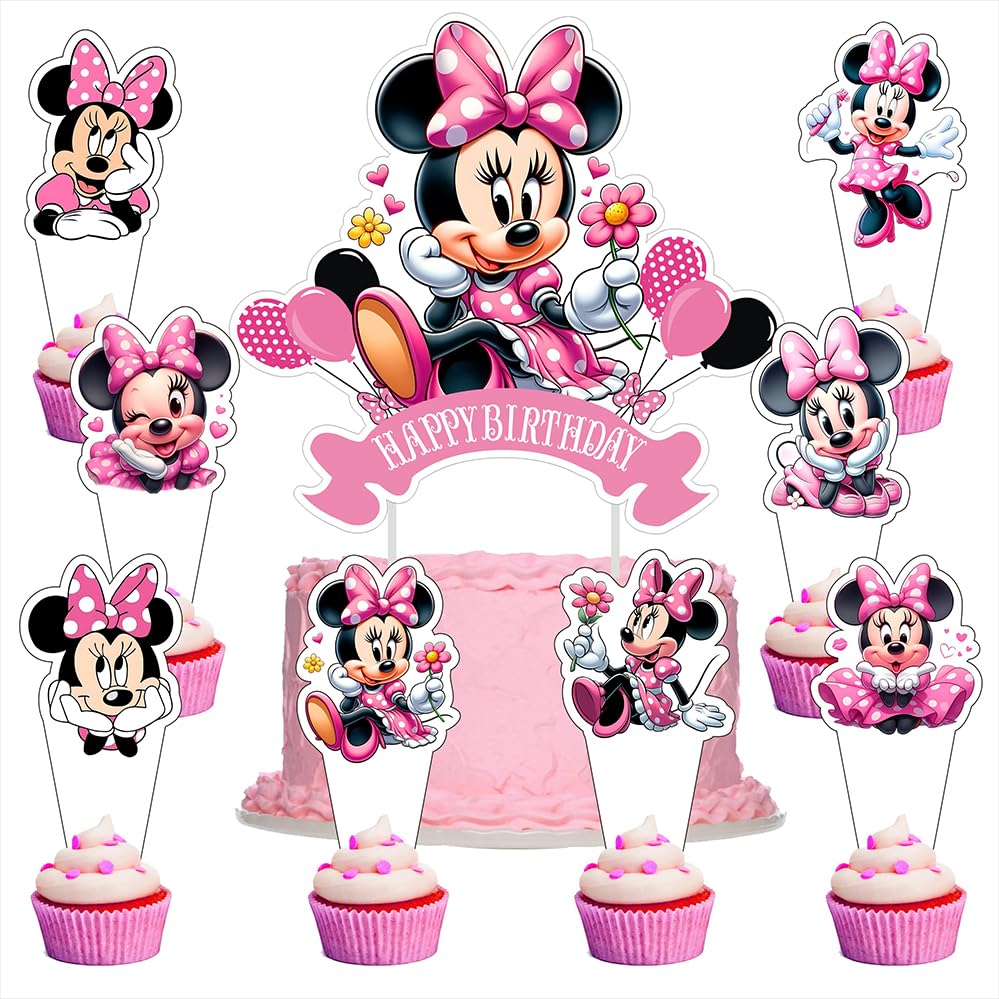 Photo 1 of 25pcs Minnie Cake Decorations with 24pcs Cupcake Toppers, 1pcs Cake Topper for Minnie Birthday Party Supplies