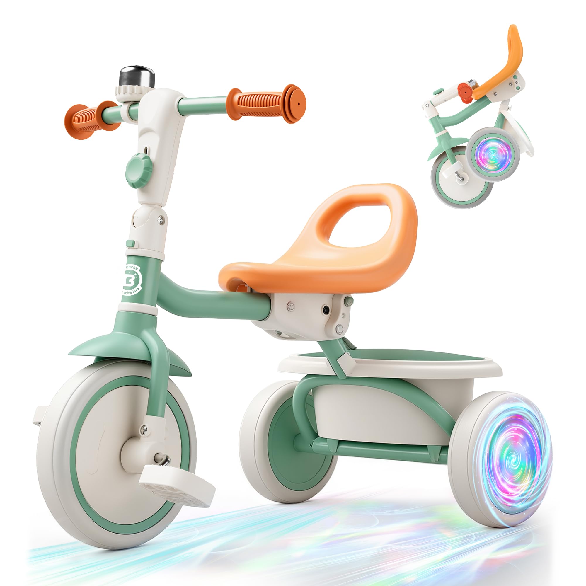 besrey Kids Tricycle with Flash Wheels for Ages 18 Months to 5 Years, Toddler Bike with Bell, Kids Tricycle, Trike for Toddlers, Green Flash