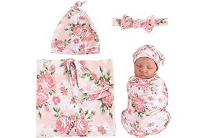 Aori Reborn Baby Doll Accessories Clothes Newborn Receiving Blanket with Headband and Hat Set Baby Swaddle Floral 3-Piece Swaddle Nursery Swaddle Wrap for 17-20 inch Reborn Doll