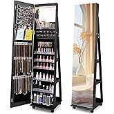 CHARMAID Jewelry Cabinet Armoire with Wheels, 64" Full Length Mirror with Jewelry Storage, 3-Color LED Lights, Adjustable Shelves, Lockable Standing Jewelry Organizer with Back Shelves (Black)
