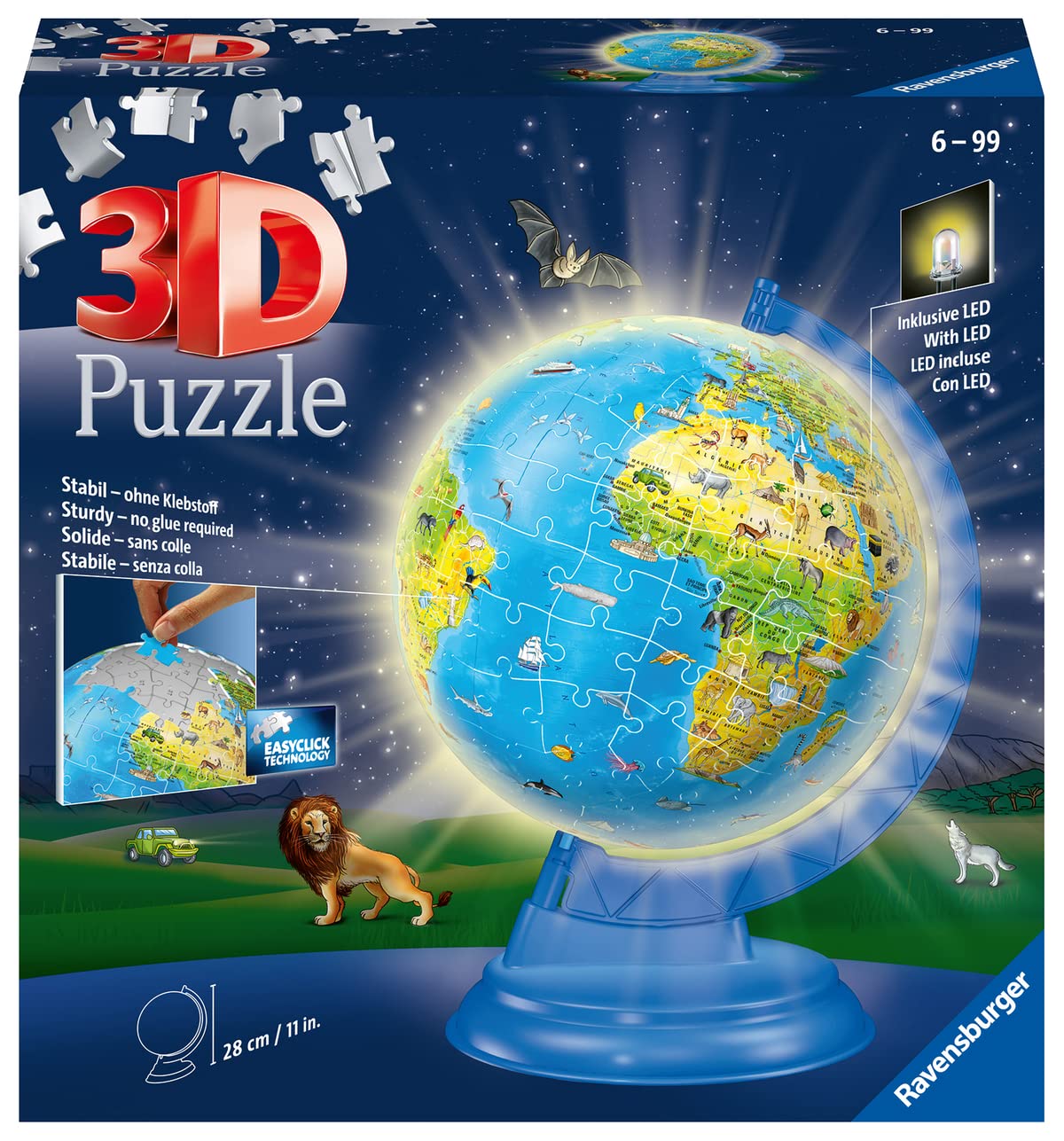 Ravensburger - Puzzle 3D Ball educativo - Globo terrestre illuminato - A partire dai 6 anni - 180 pezzi numerati da assemblare senza colla - Supporto rotante e luminoso incluso - 11289