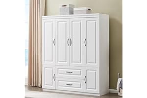 GraceGrove Armoire Wardrobe Closet with 4 Doors White 2 Drawers,Tall Cabinet Wardrobe Cabinet with Hanging Rail and Metal Handle for Bedroom 63" W x 20.5" D x 74" H