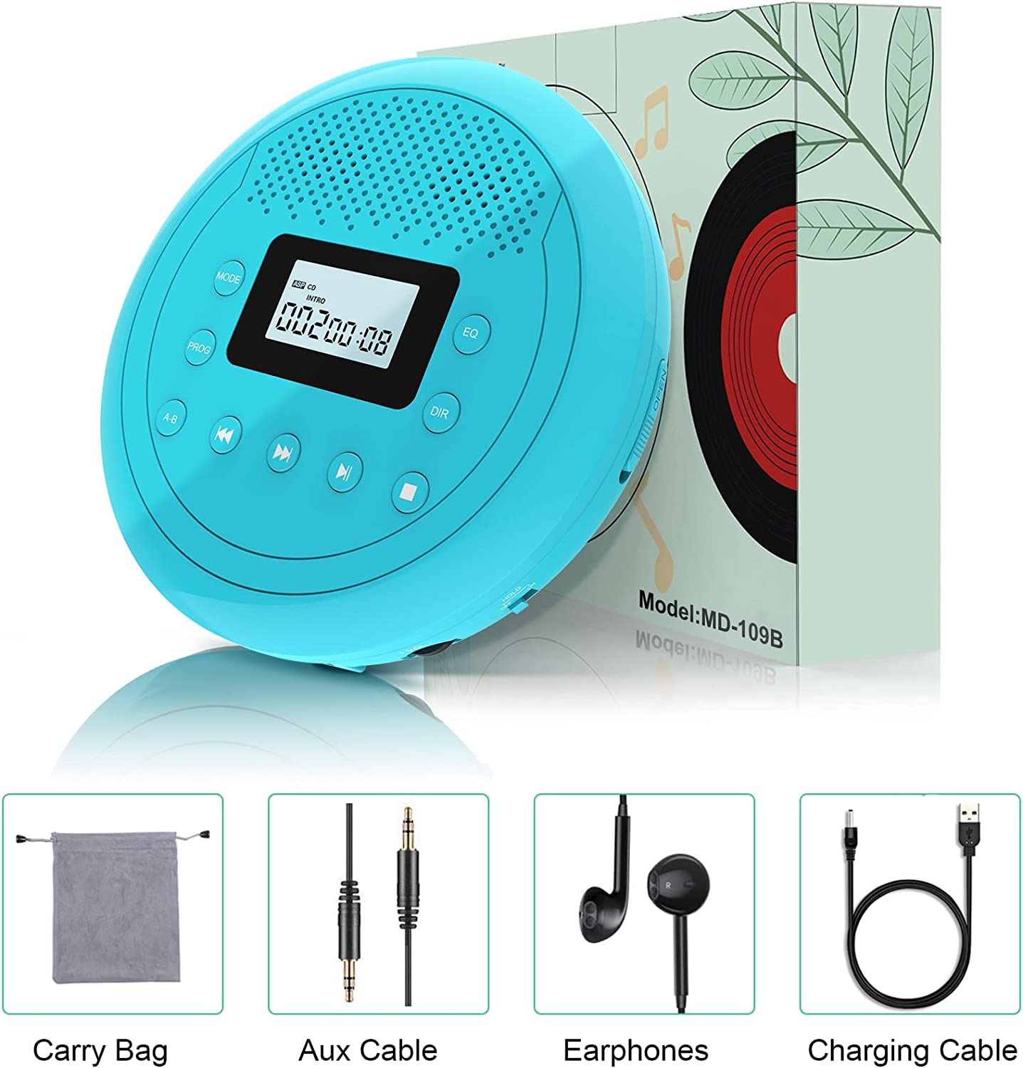 CD Player Portable | Speaker Built-in Rechargeable CD Player for Car and Home, Kids, Anti-Skip Player with Headphones(Cyan-Blue)
