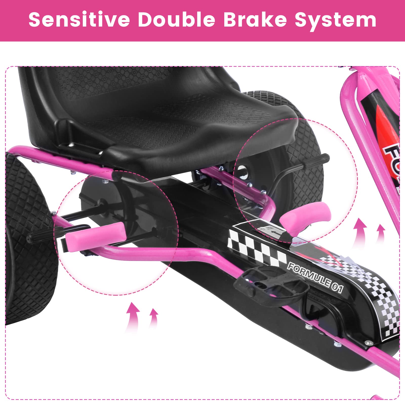Costzon Go Kart for Kids, 4 Wheel Off-Road Pedal Go Cart w/Adjustable Seat, Steering Wheel, 2 Safety Brakes, EVA Rubber Tires, Ride-On Toys for Boys & Girls, Outdoor Racer Ride On Pedal Car (Pink)