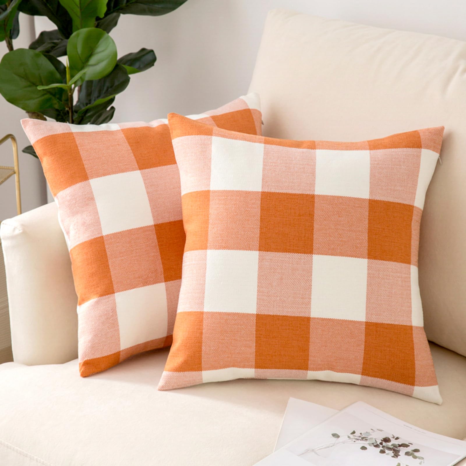 Photo 1 of Woaboy Pack of 2 Fall Buffalo Check Throw Pillow Covers Plaids Farmhouse Throw Pillows Linen Soft Decorative Couch Pillow Covers Home Decor Cushion Case for Sofa Bedroom 20x20 Inch Orange and White