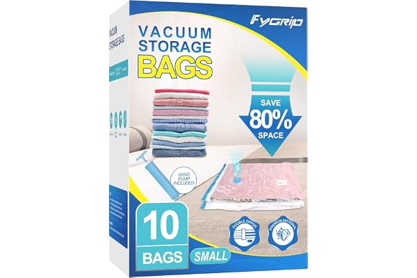 Fygrip Vacuum Storage Bags with Hand Pump, Plastic Packaging Bags, 80% Space Saver Vacuum Seal Bags for Clothing, Travel Lugggage, Blankets, Comforters, 10 Small