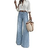 Women's High Waisted Wide Leg Jeans with Retro Patch Pockets, Stretchy 70s Vintage Loose Denim Pants for Summer Vacation