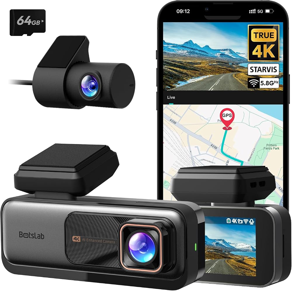 BOTSLAB 4K Dash Cam Front and Rear with GPS WiFi 64GB Card