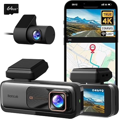 BOTSLAB 4K Dash Cam Front and Rear with GPS WiFi 64GB Card
